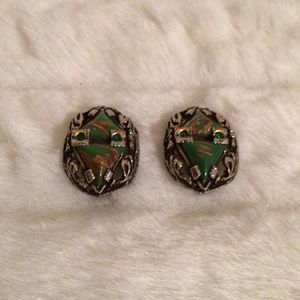 Vintage green crystal, green and gold stone clip on earrings
